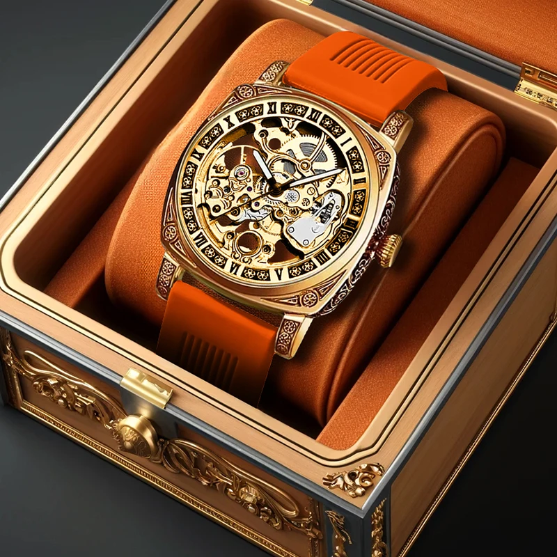 Мужские золотые классические роскошные механические часы с нежным ремешком с выгравированным полым узором.
Мужские золотые классические роскошные механические часы с нежным ремешком с выгравированным полым узором.