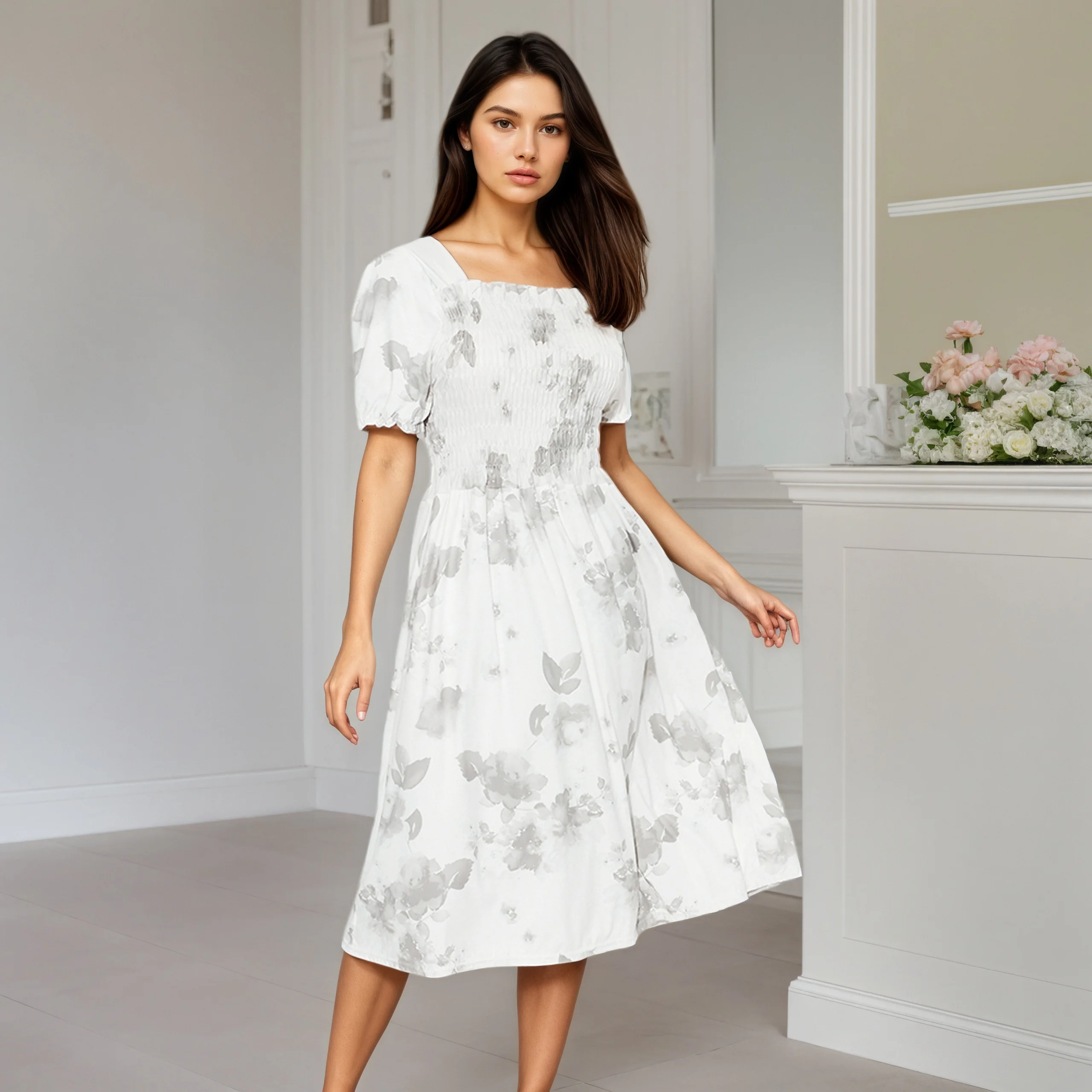 Summer Floral Print Dress Square Neck Slimming High Waist Covering Fresh And Small Design for Women
Summer Floral Print Dress Square Neck Slimming High Waist Covering Fresh And Small Design for Women