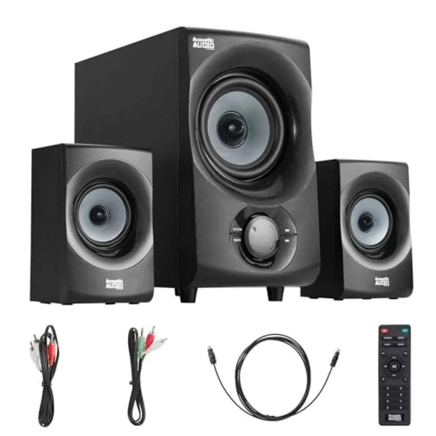 Home theater speaker system with Bluetooth 2.1, optical/aux/USB/SD inputs, black plastic housing, compact 2.1-channel design fo
Home theater speaker system with Bluetooth 2.1, optical/aux/USB/SD inputs, black plastic housing, compact 2.1-channel design fo