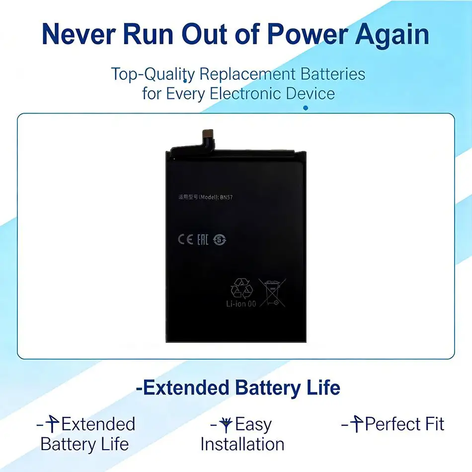 Аккумулятор для мобильного телефона BN57 с хорошей работой при низких температурах, 5160 мАч, для Xiaomi Pocophone X3 Poco Pro
Аккумулятор для мобильного телефона BN57 с хорошей работой при низких температурах, 5160 мАч, для Xiaomi Pocophone X3 Poco Pro