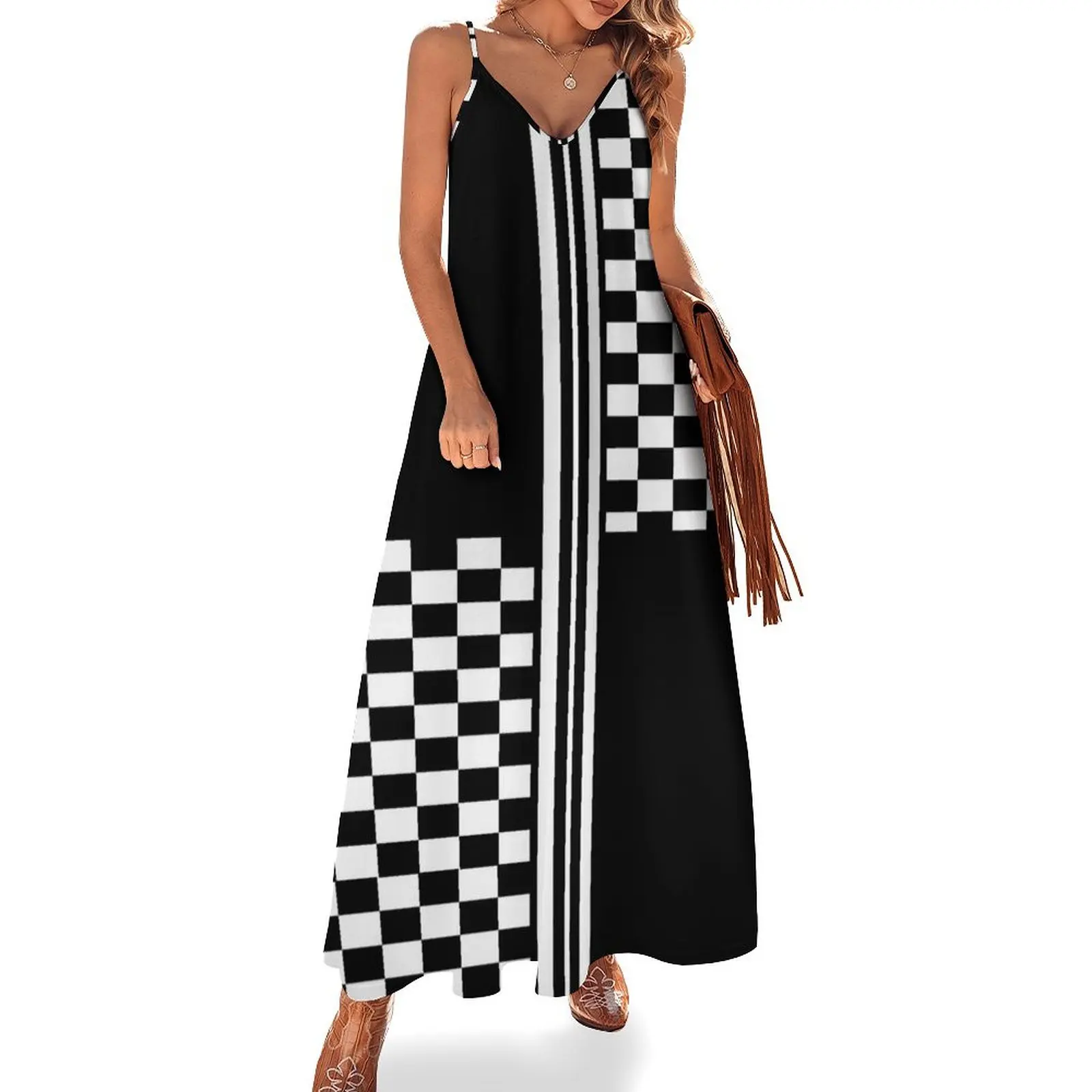 Stylish Black and white check and stripes Sleeveless Long Dress women dress Female dress Clothing female
Stylish Black and white check and stripes Sleeveless Long Dress women dress Female dress Clothing female