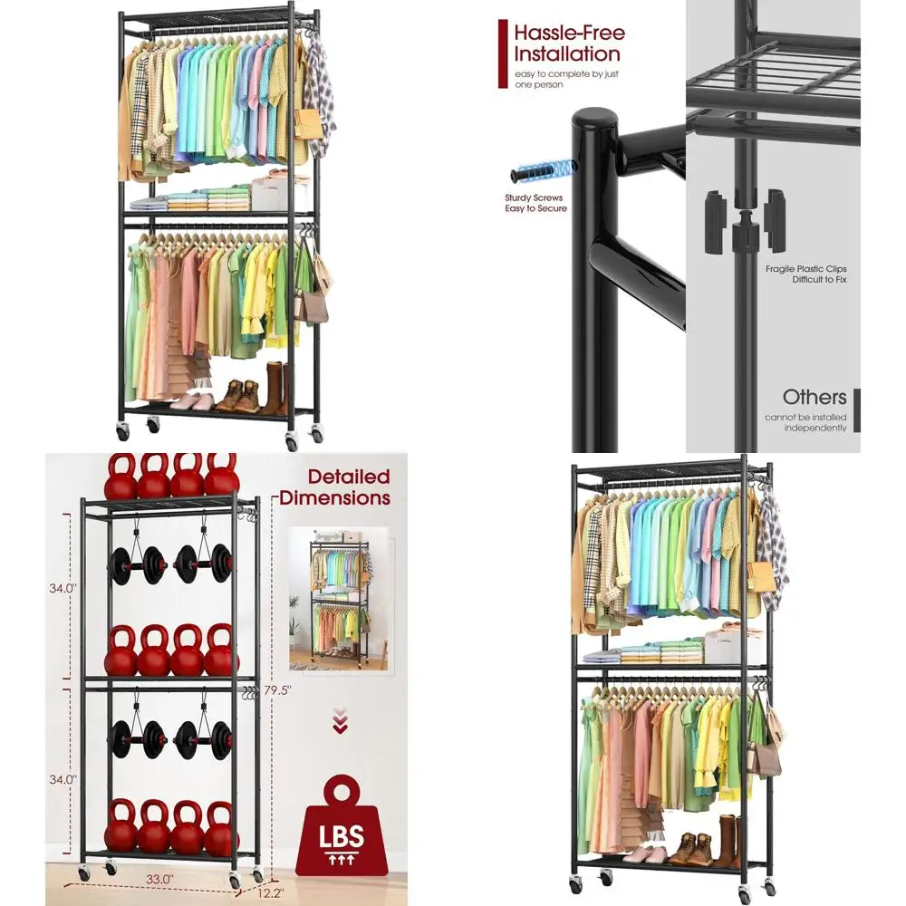Multi-Functional Metal Clothing Rack with Shelves and Wheels for Bedroom, Laundry, and Balcony (Black)
Multi-Functional Metal Clothing Rack with Shelves and Wheels for Bedroom, Laundry, and Balcony (Black)