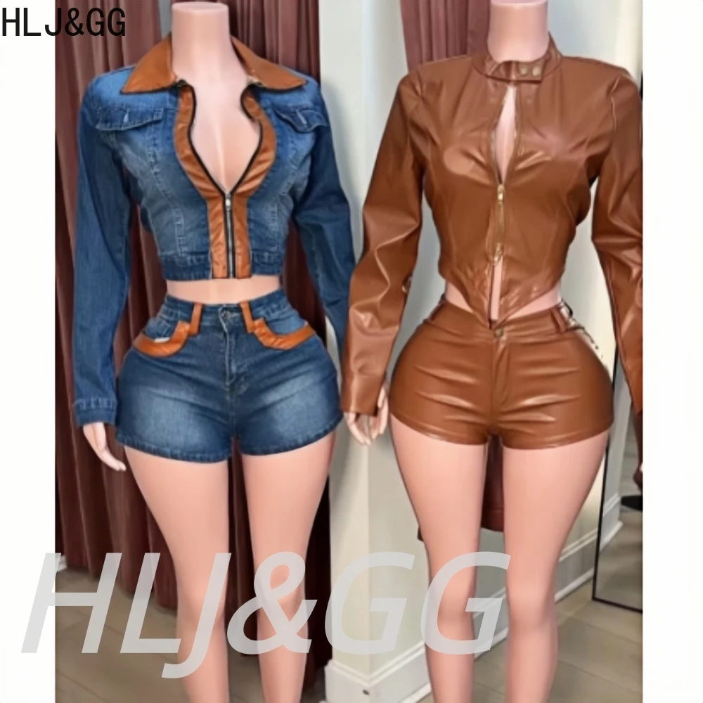 HLJ&GG Fashion Leather Zipper Biker Jacket Two Piece Sets Women Long Sleeve Slim Crop Top And Shorts Outfits Y2K 2pcs Streetwear
HLJ&GG Fashion Leather Zipper Biker Jacket Two Piece Sets Women Long Sleeve Slim Crop Top And Shorts Outfits Y2K 2pcs Streetwear