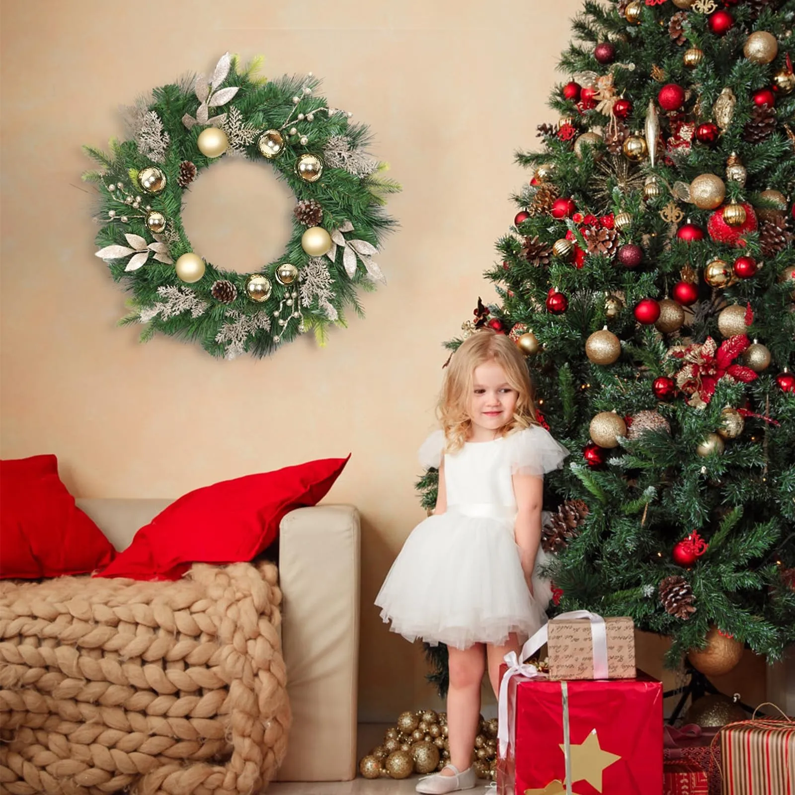 24 Inch Artificial Christmas Wreath Winter Frost Flocking Front Door Pine Vines Decor Balls Cones Frosted Branches Home Decor
24 Inch Artificial Christmas Wreath Winter Frost Flocking Front Door Pine Vines Decor Balls Cones Frosted Branches Home Decor