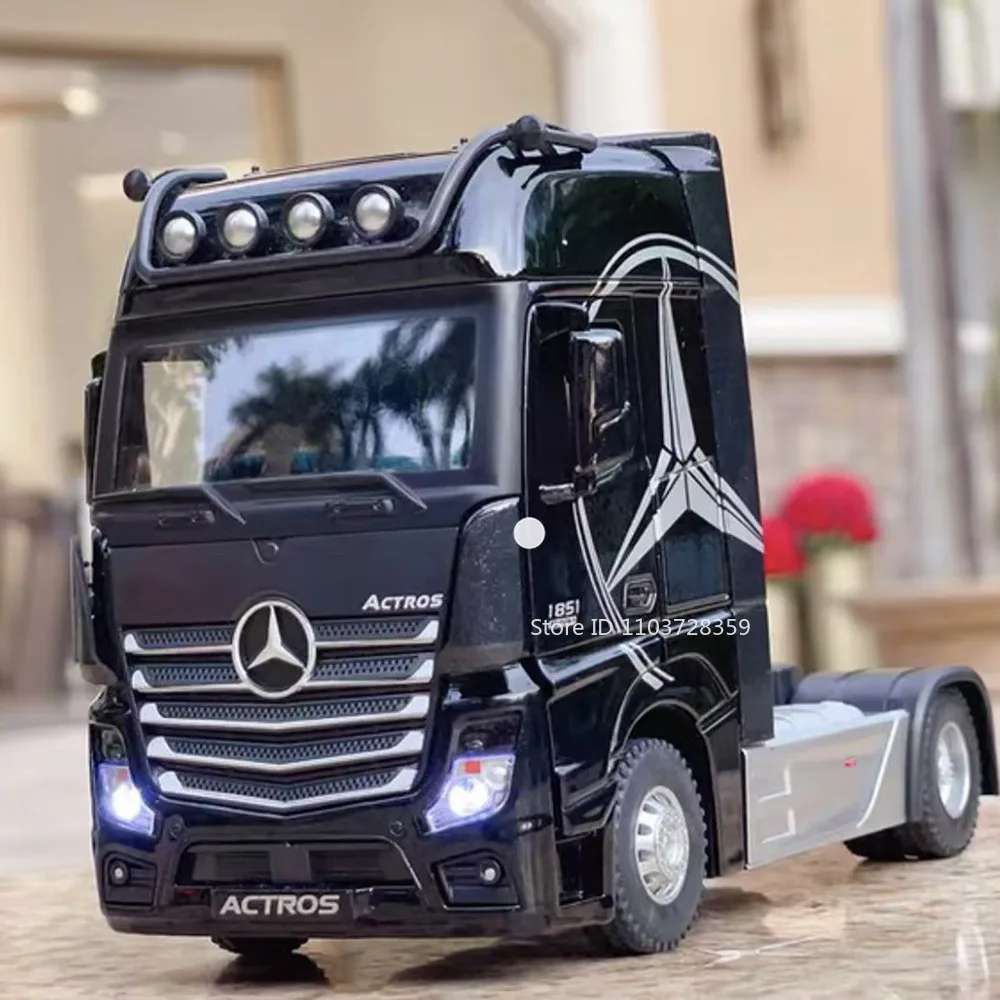 1:36 합금 ACTROS 트레일러 트럭 장난감 모델 금속 다이캐스트 엔지니어링 차량 사운드 라이트 도어 소년을위한 고무 타이어 열기 선물