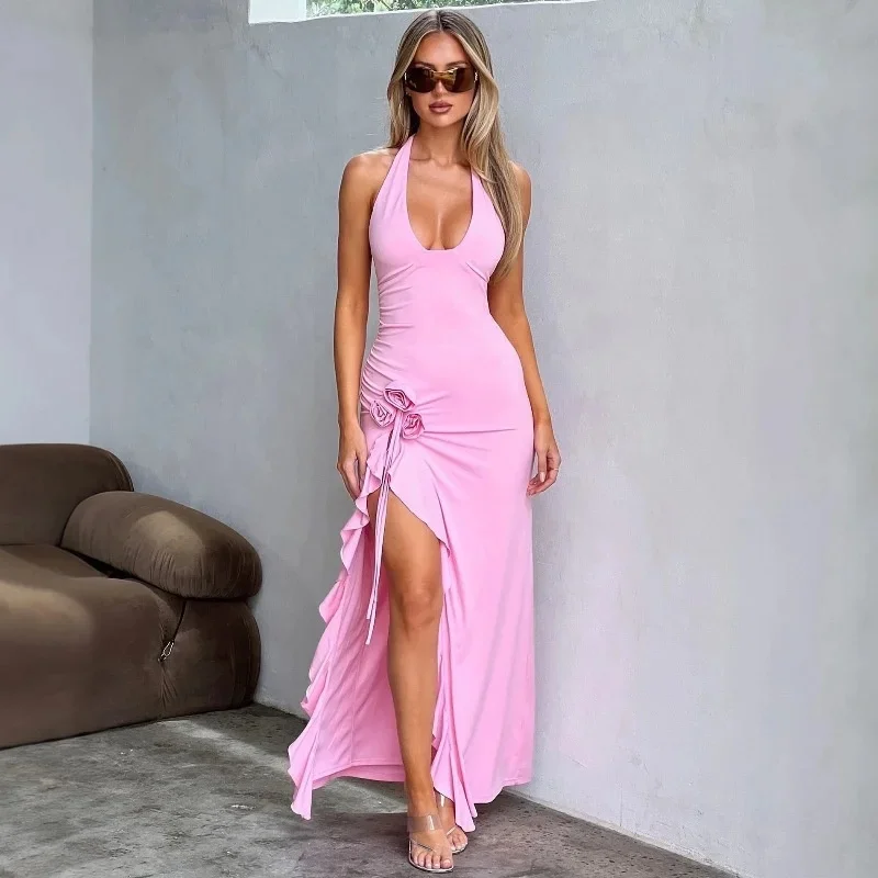 Elegant Floral Decoration Slim Fit Dress Sexy V-lace Up Neck Slit Dress Summer Fashion New Women's Solid Color Vacation Dress
Elegant Floral Decoration Slim Fit Dress Sexy V-lace Up Neck Slit Dress Summer Fashion New Women's Solid Color Vacation Dress