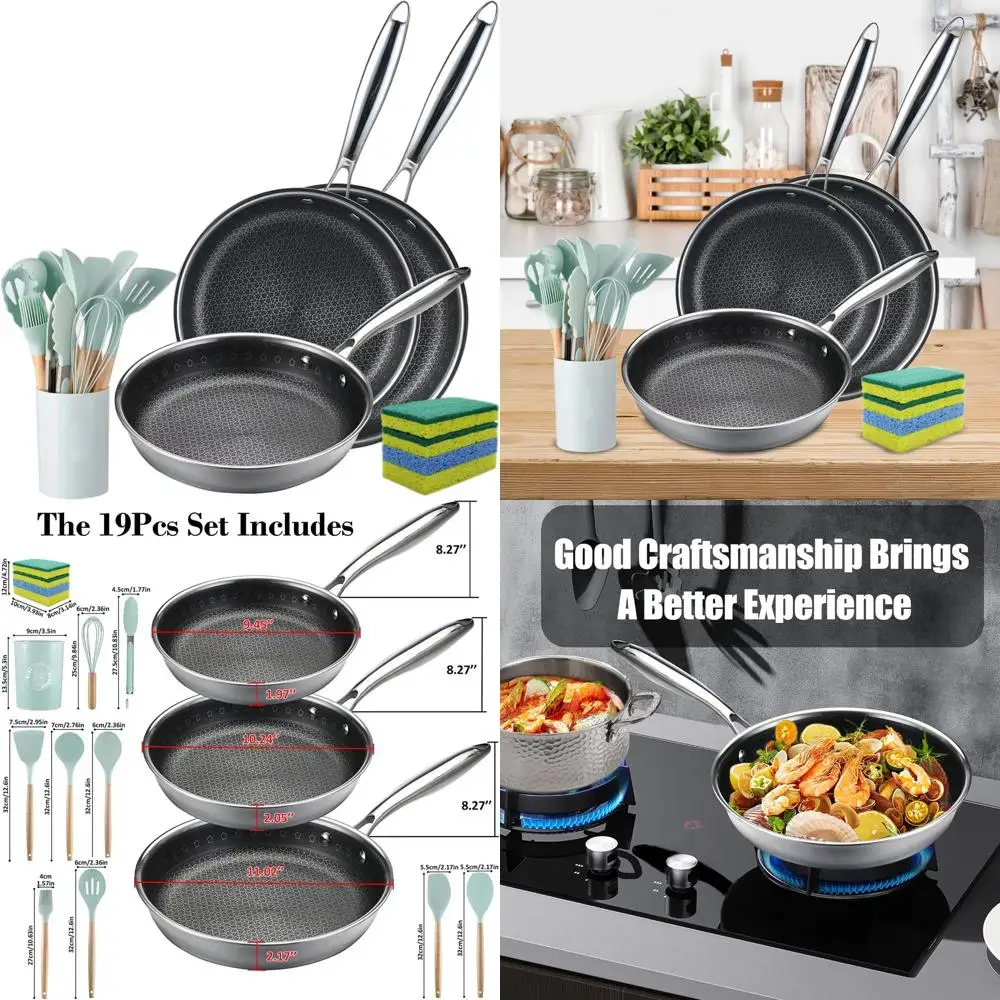 Набор сковородок из трехслойной нержавеющей стали с кухонными принадлежностями - сковороды 9,5, 10,25, 11,02 дюймов
Набор сковородок из трехслойной нержавеющей стали с кухонными принадлежностями - сковороды 9,5, 10,25, 11,02 дюймов