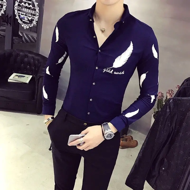Spring Autumn Fashion Slim-Fit Long Sleeve Feather Print Blouse Men's Clothing Slim All-match Korean Button Trend Chic Shirts
Spring Autumn Fashion Slim-Fit Long Sleeve Feather Print Blouse Men's Clothing Slim All-match Korean Button Trend Chic Shirts