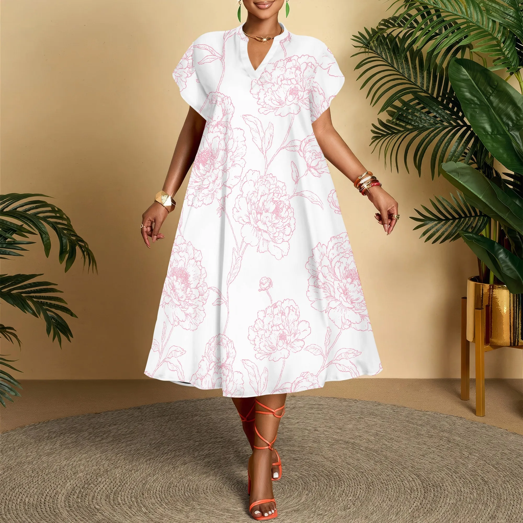 Floral Print V Neck Dress, Pink Flower Pattern Midi Dress, Short Sleeve A Line Dress for Women, Summer Casual Beach Wear XS-3XL
Floral Print V Neck Dress, Pink Flower Pattern Midi Dress, Short Sleeve A Line Dress for Women, Summer Casual Beach Wear XS-3XL
