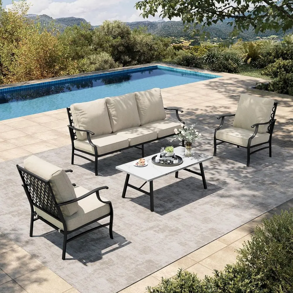 4 Piece Patio urniture Set, 2 x Metal e Cushioned Chair, 3-Seat Soa with Marbling Coee Table, All Weahter Outdoor Contion Set or
4 Piece Patio urniture Set, 2 x Metal e Cushioned Chair, 3-Seat Soa with Marbling Coee Table, All Weahter Outdoor Contion Set or