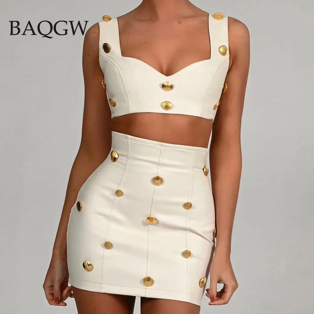 Summer Women's Button Patchwork Sleeveless Short Crop Top Sexy Tight Mini Skirt White Celebrity Party Two Piece Set Outfits
Summer Women's Button Patchwork Sleeveless Short Crop Top Sexy Tight Mini Skirt White Celebrity Party Two Piece Set Outfits