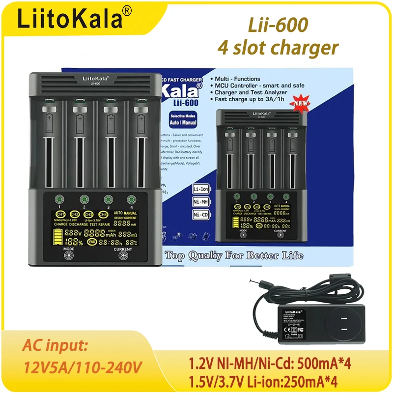 LiitoKala Lii-600 Зарядное устройство с ЖК-дисплеем для 3,2 В 3,7 В 18650 21700 26650 26700 20700 18350 IMR NiMH/Cd 1,2 В AA AAA
LiitoKala Lii-600 Зарядное устройство с ЖК-дисплеем для 3,2 В 3,7 В 18650 21700 26650 26700 20700 18350 IMR NiMH/Cd 1,2 В AA AAA