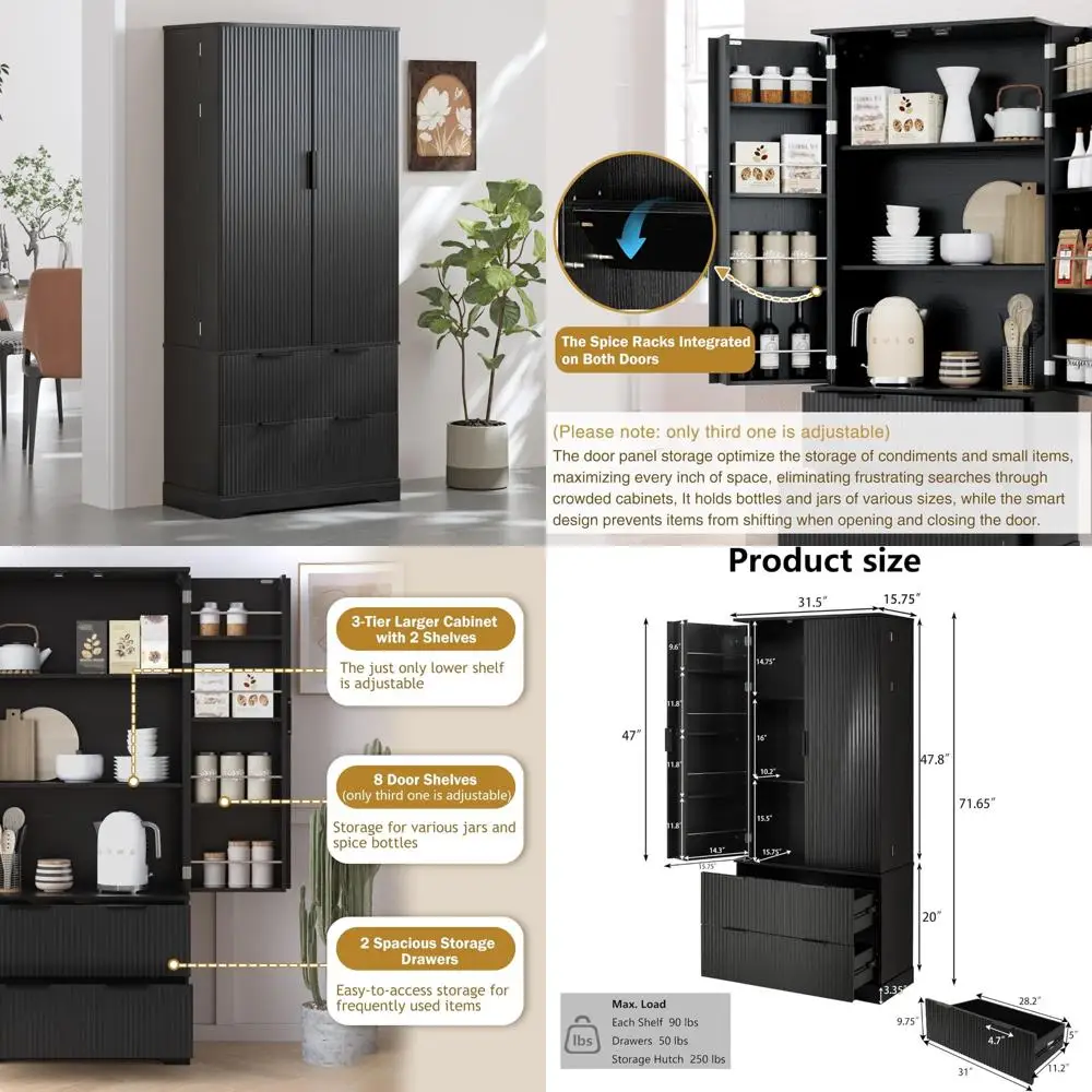 Large Farmhouse Style Kitchen Pantry Cabinet with Fluted Design, 2 Drawers, 8 Door Shelves, and Storage Organization
Large Farmhouse Style Kitchen Pantry Cabinet with Fluted Design, 2 Drawers, 8 Door Shelves, and Storage Organization