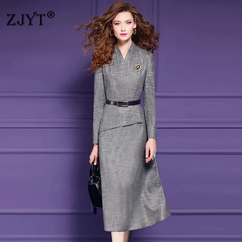 ZJYT Elegant Ladies Grey Midi Dresses for Women Autumn 2025 New Designer Long Sleeve Belted Vintage Aline Office Party Dress
ZJYT Elegant Ladies Grey Midi Dresses for Women Autumn 2025 New Designer Long Sleeve Belted Vintage Aline Office Party Dress