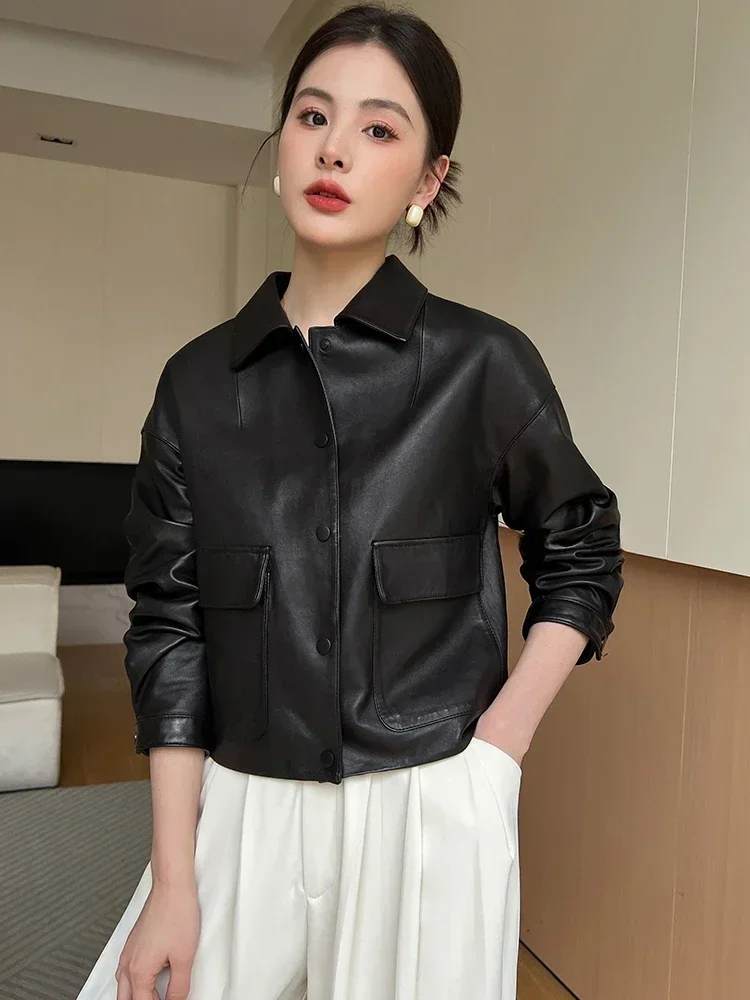 Casual Black Genuine Leather Motorcycle Jackets Women 2024 New Trend High-end Simple Soft Cropped Real Sheepskin Coat
Casual Black Genuine Leather Motorcycle Jackets Women 2024 New Trend High-end Simple Soft Cropped Real Sheepskin Coat
