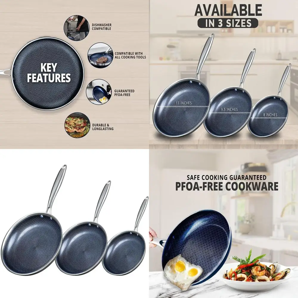 Набор антипригарных сковородок Tri-Size (8, 9.5, 11 дюймов) с премиальным покрытием для легкой очистки и приготовления пищи без прилипания.
Набор антипригарных сковородок Tri-Size (8, 9.5, 11 дюймов) с премиальным покрытием для легкой очистки и приготовления пищи без прилипания.