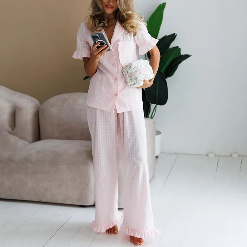 Jacaquared Summer Suits 2 Pieces Homewear Ruffles Short Sleeve Gingham Lapel Shirt Long Pants Pink Loungerwear Pajamas Summer
Jacaquared Summer Suits 2 Pieces Homewear Ruffles Short Sleeve Gingham Lapel Shirt Long Pants Pink Loungerwear Pajamas Summer