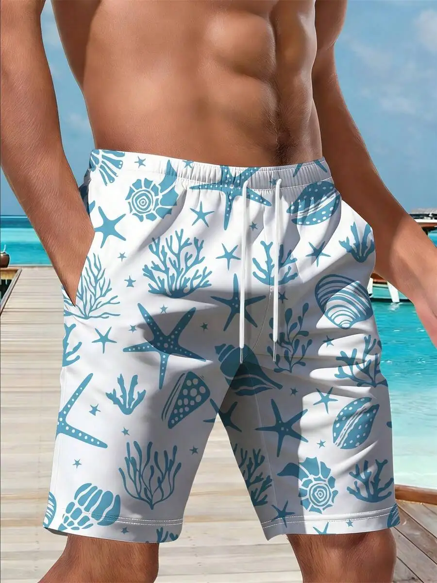 Mens Beach Shorts With Starfish Seashell Coral Print Blue White Pattern Casual Vacation Swimwear
Mens Beach Shorts With Starfish Seashell Coral Print Blue White Pattern Casual Vacation Swimwear
