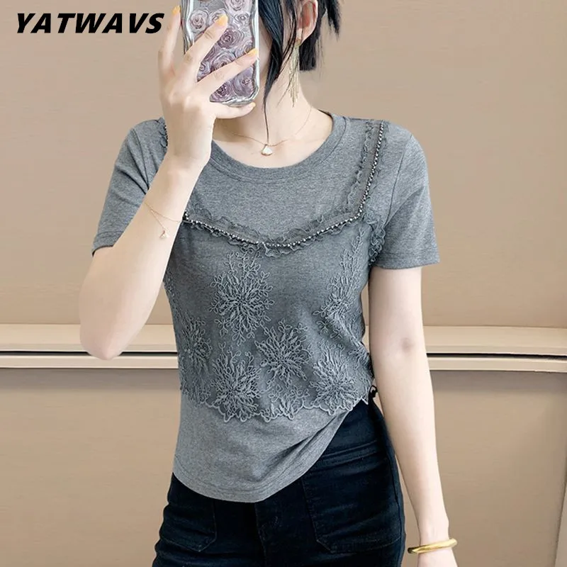 New Summer Women's European Clothes T-Shirt Elegant Short Sleeve Slim Tees Chic Sexy O-Neck Lace Beading Patchwork Tops Blusas
New Summer Women's European Clothes T-Shirt Elegant Short Sleeve Slim Tees Chic Sexy O-Neck Lace Beading Patchwork Tops Blusas