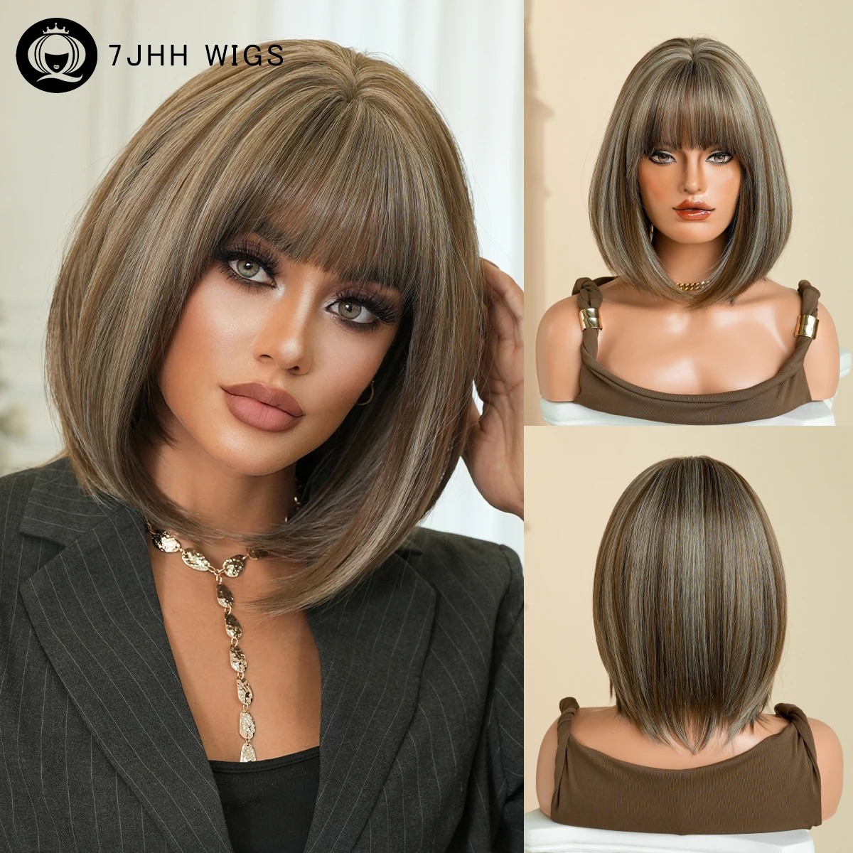 7JHH WIGS Short Straight Ash Brown Wig for Women Synthetic Modest Fashion Wear and Go Highlight Gray Wigs with Neat Bangs
7JHH WIGS Short Straight Ash Brown Wig for Women Synthetic Modest Fashion Wear and Go Highlight Gray Wigs with Neat Bangs