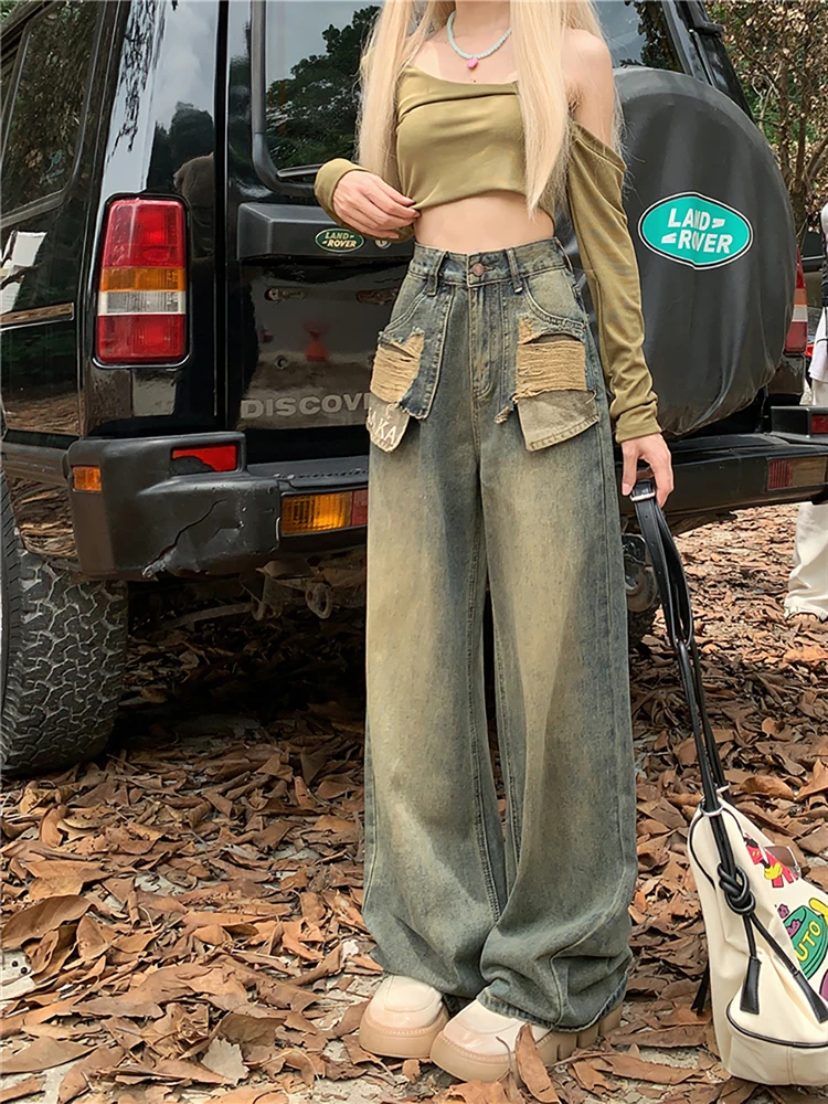 Vintage Distressed Blue Straight Female Jeans Fashion Loose Full Length Washed Chic Pockets Women Denim Pants Lady Trousers
Vintage Distressed Blue Straight Female Jeans Fashion Loose Full Length Washed Chic Pockets Women Denim Pants Lady Trousers