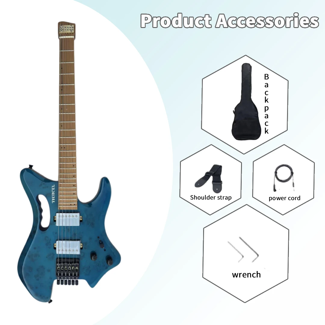 Burl-patterned veneer, blue headless electric guitar, beginner electric guitar, band guitarist, ideal for rock music
Burl-patterned veneer, blue headless electric guitar, beginner electric guitar, band guitarist, ideal for rock music