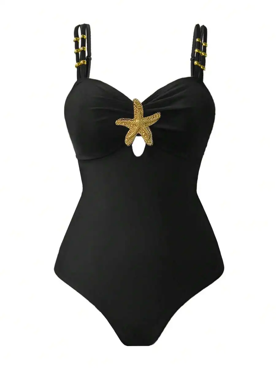 Black One-Piece Swimsuit With Starfish Decoration Hollow Out Design
Black One-Piece Swimsuit With Starfish Decoration Hollow Out Design