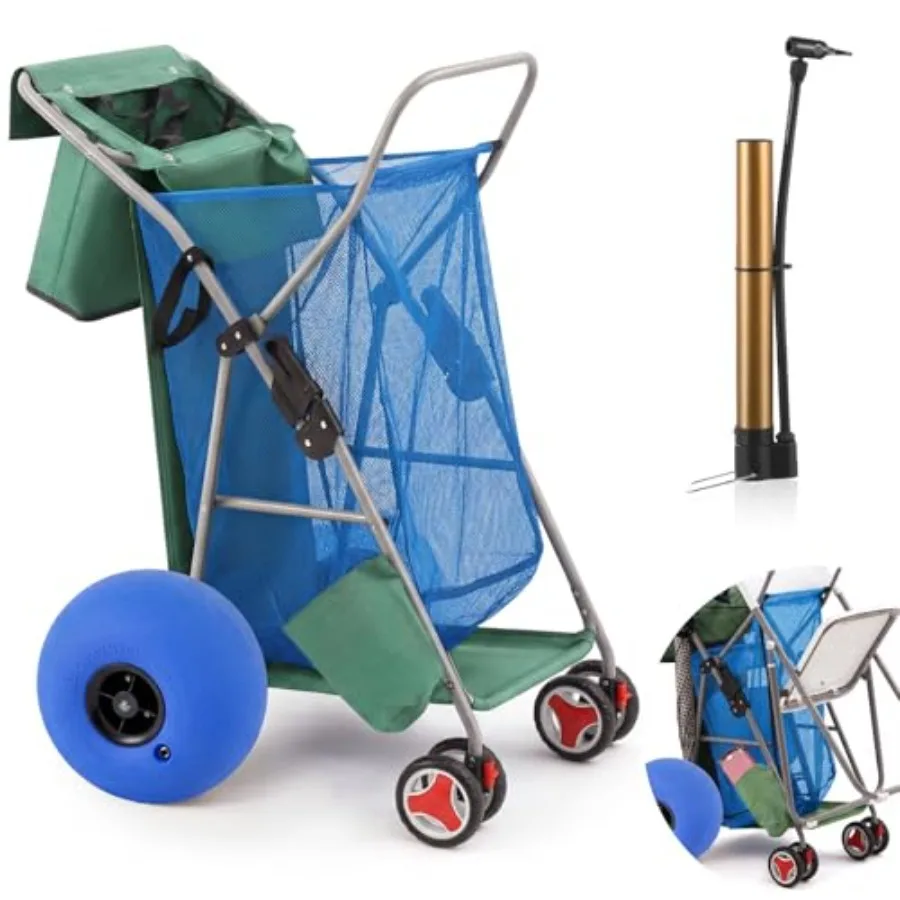 Beach Cart for sand use, rust-free aluminum frame, blue green, 12-inch balloon wheels, foldable, wide wheel storage, body board
Beach Cart for sand use, rust-free aluminum frame, blue green, 12-inch balloon wheels, foldable, wide wheel storage, body board