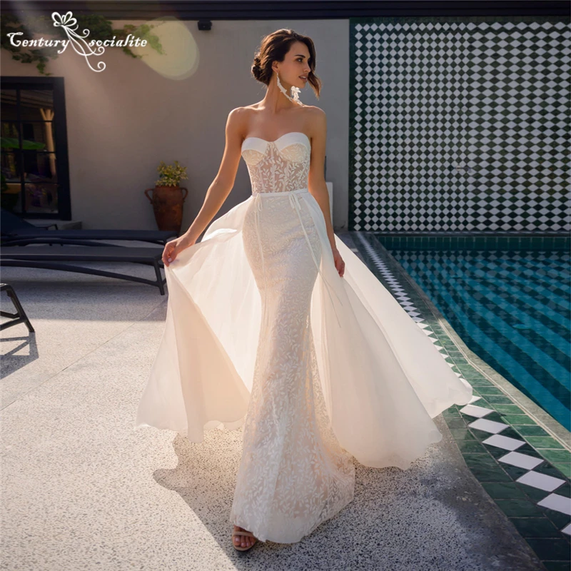 Strapless Mermaid Wedding Dresses with Detachable Train Lace Appliques Sweetheart Boho Bride Dress Bridal Gowns Vestido De Noiva
Strapless Mermaid Wedding Dresses with Detachable Train Lace Appliques Sweetheart Boho Bride Dress Bridal Gowns Vestido De Noiva