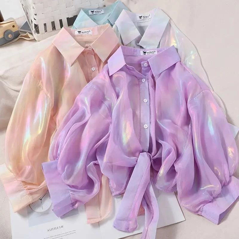 Fashion Women Chiffon Rainbow Shirts Summer Elegant Sweet Shining Button Tops Tie Waist Sexy All Match Sun Protection Shirts
Fashion Women Chiffon Rainbow Shirts Summer Elegant Sweet Shining Button Tops Tie Waist Sexy All Match Sun Protection Shirts
