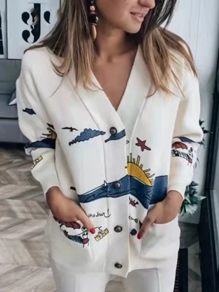 Bangniweigou Trend graffiti print white cardigan sweater women autumn winter thick outerwear
Bangniweigou Trend graffiti print white cardigan sweater women autumn winter thick outerwear