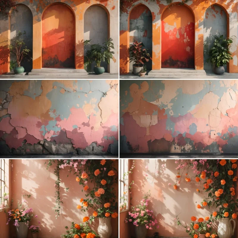 Retro Faded Arch Wall Backdrop with Cracked Paint, Potted Plants and Climbing Flowers for Art Inspired Photography Studio Setup
Retro Faded Arch Wall Backdrop with Cracked Paint, Potted Plants and Climbing Flowers for Art Inspired Photography Studio Setup