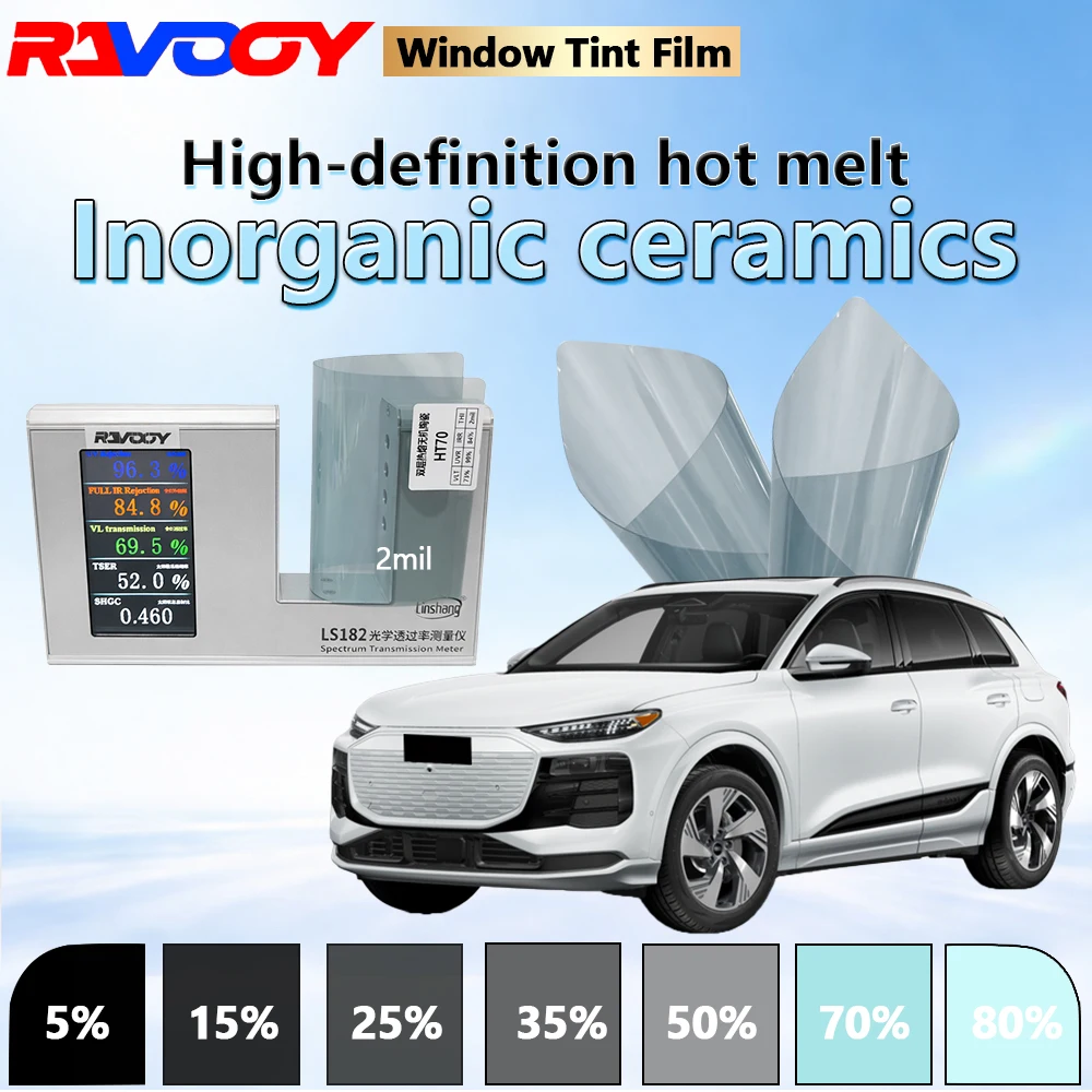 Пленка для тонировки окон автомобиля RAVOOY HT70, двухслойная, на основе горячего расплава, неорганическая керамическая, 2 мил, 69,5% VLT, высокая прозрачность, 152 см x 30 м
Пленка для тонировки окон автомобиля RAVOOY HT70, двухслойная, на основе горячего расплава, неорганическая керамическая, 2 мил, 69,5% VLT, высокая прозрачность, 152 см x 30 м