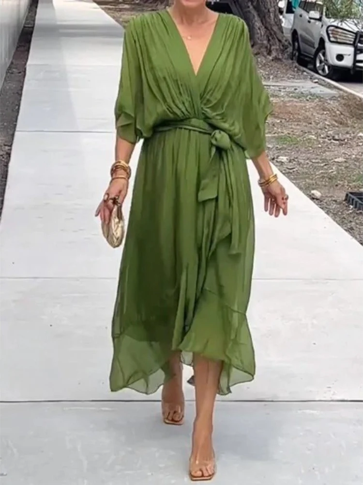 New Solid Color Lace Up V-neck Long Dress with Bat Sleeves, Irregular Casual Loose Dress, Daily Commuting and Office Long Dress
New Solid Color Lace Up V-neck Long Dress with Bat Sleeves, Irregular Casual Loose Dress, Daily Commuting and Office Long Dress