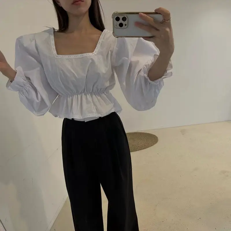 French Sle Women's irt Long Sve ort Length Square Collar Lace Trim Bubble Sve Cotton Blend Faionable Top
French Sle Women's irt Long Sve ort Length Square Collar Lace Trim Bubble Sve Cotton Blend Faionable Top