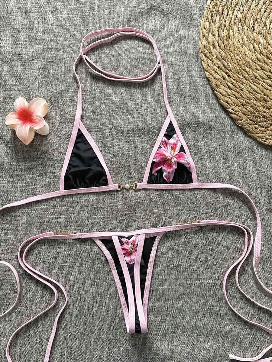 Black & Pink Floral Print Triangle Bikini Set with Adjustable Straps
Black & Pink Floral Print Triangle Bikini Set with Adjustable Straps