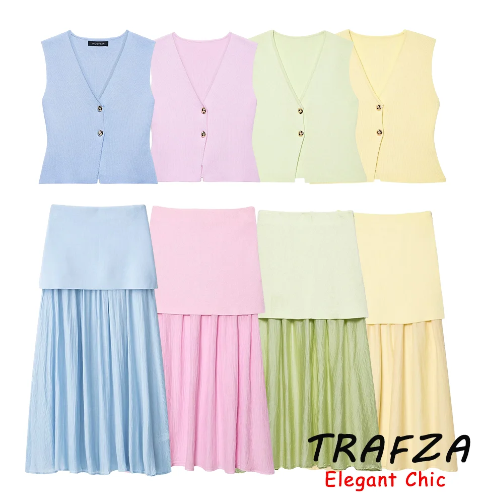 TRAFZA Elegant Sweet Skirt Set Women's 2025 Spring Summer Holidays Skirt Set Knit Button Vest Or Pleated Splicing Skirt For Lady
TRAFZA Elegant Sweet Skirt Set Women's 2025 Spring Summer Holidays Skirt Set Knit Button Vest Or Pleated Splicing Skirt For Lady