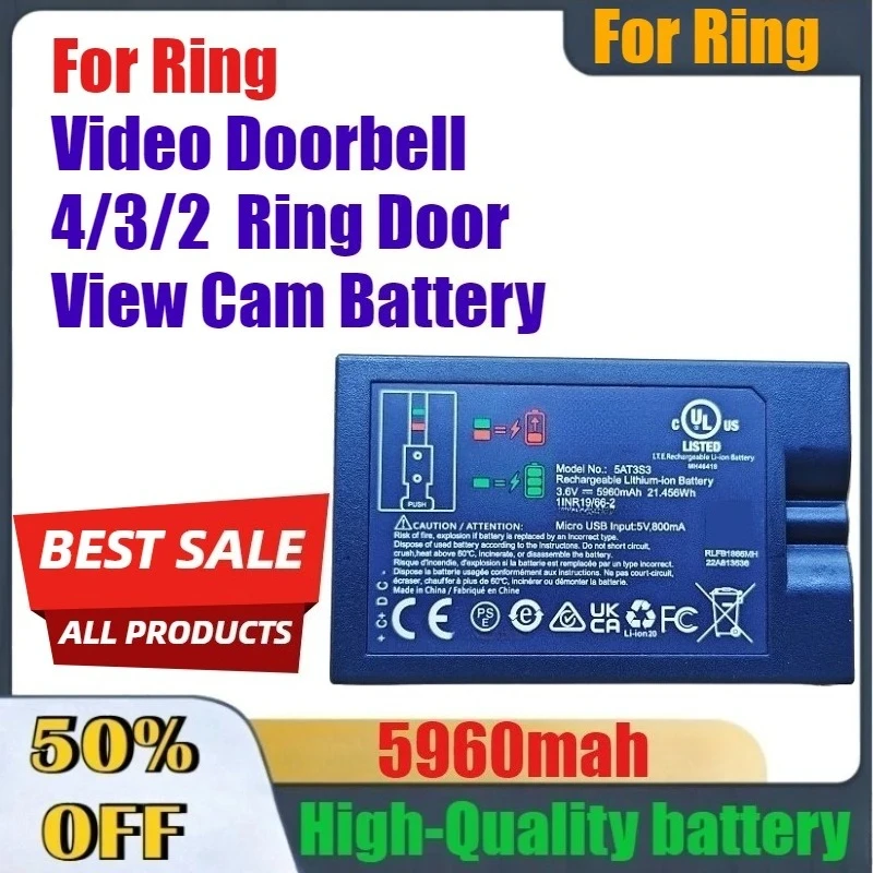 5960mAh High-Quality Replacement Rechargeable Battery for Ring Video Doorbell 4/3/2 Ring Door View Cam Battery
5960mAh High-Quality Replacement Rechargeable Battery for Ring Video Doorbell 4/3/2 Ring Door View Cam Battery
