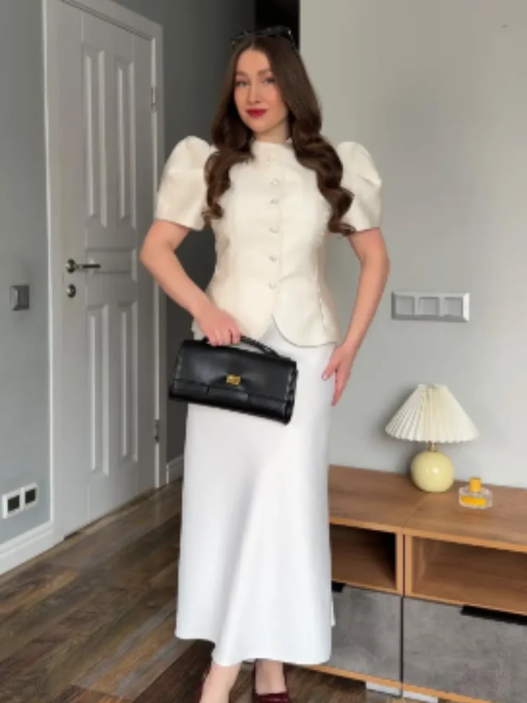 Women's Elegant Puff Sleeve Blouse Stand Collar Single-breasted Fitted Peplum Top Female Office Formal Occasions Cozy Clothes
Women's Elegant Puff Sleeve Blouse Stand Collar Single-breasted Fitted Peplum Top Female Office Formal Occasions Cozy Clothes