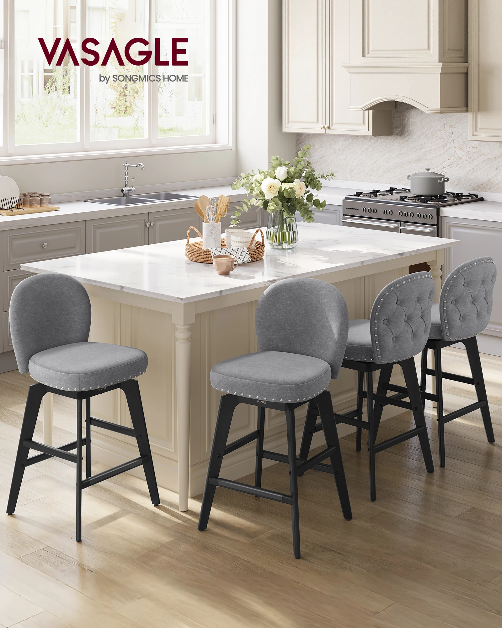VASAGLE Bar Stools Set of 2, Swivel Counter Stools, Solid Wood Legs, Ergonomic Back, Upholstered, Chenille Fabric
VASAGLE Bar Stools Set of 2, Swivel Counter Stools, Solid Wood Legs, Ergonomic Back, Upholstered, Chenille Fabric