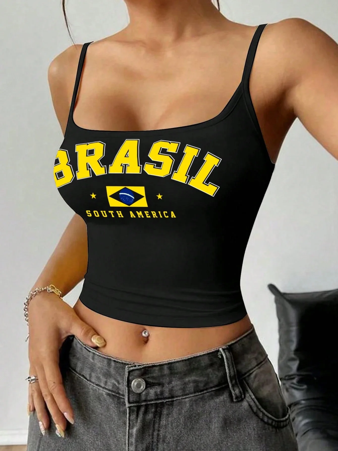 Women's Crop Cami Top, Y2K Brazil Themed Graphic Camisole Top,Brazilian Varsity Style Summer Fashion Cropped Tank Top,Streetwear
Women's Crop Cami Top, Y2K Brazil Themed Graphic Camisole Top,Brazilian Varsity Style Summer Fashion Cropped Tank Top,Streetwear