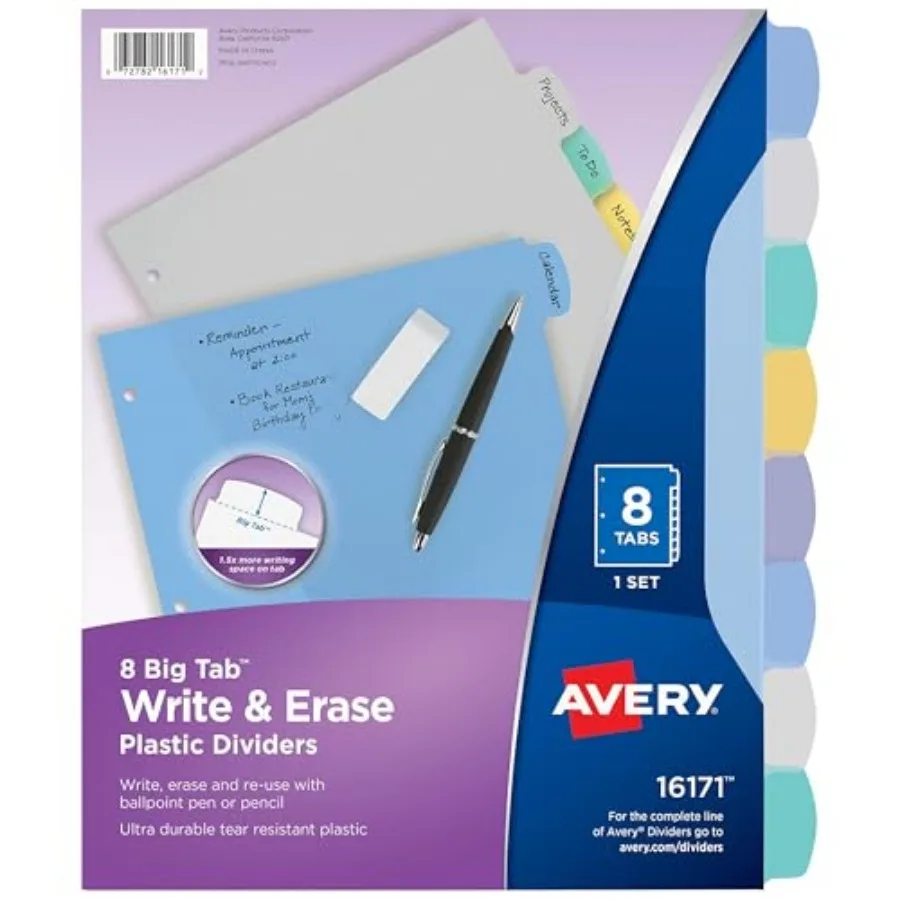 ® Durable Write-On Plastic Dividers with Erasable Tabs, 11" x 8 1/2", Multicolor, 8 Tabs
® Durable Write-On Plastic Dividers with Erasable Tabs, 11" x 8 1/2", Multicolor, 8 Tabs