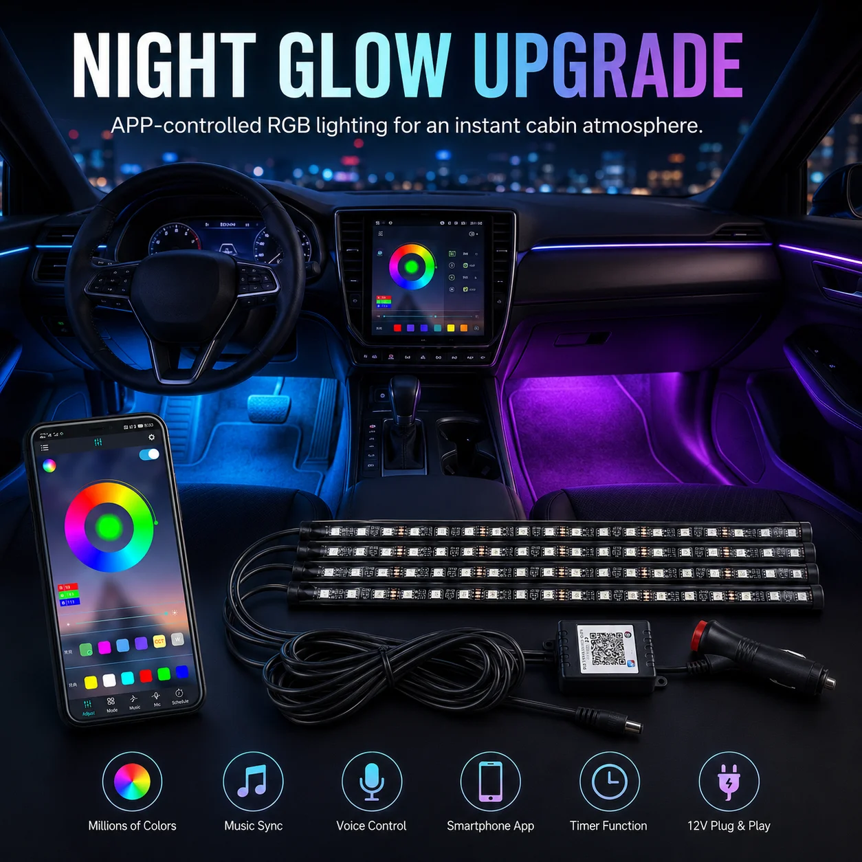 Car RGB LED Interior Footwell Lights APP Control Music Sync 12V Plug Play Ambient Neon Strip Under Dash Light Kit
Car RGB LED Interior Footwell Lights APP Control Music Sync 12V Plug Play Ambient Neon Strip Under Dash Light Kit