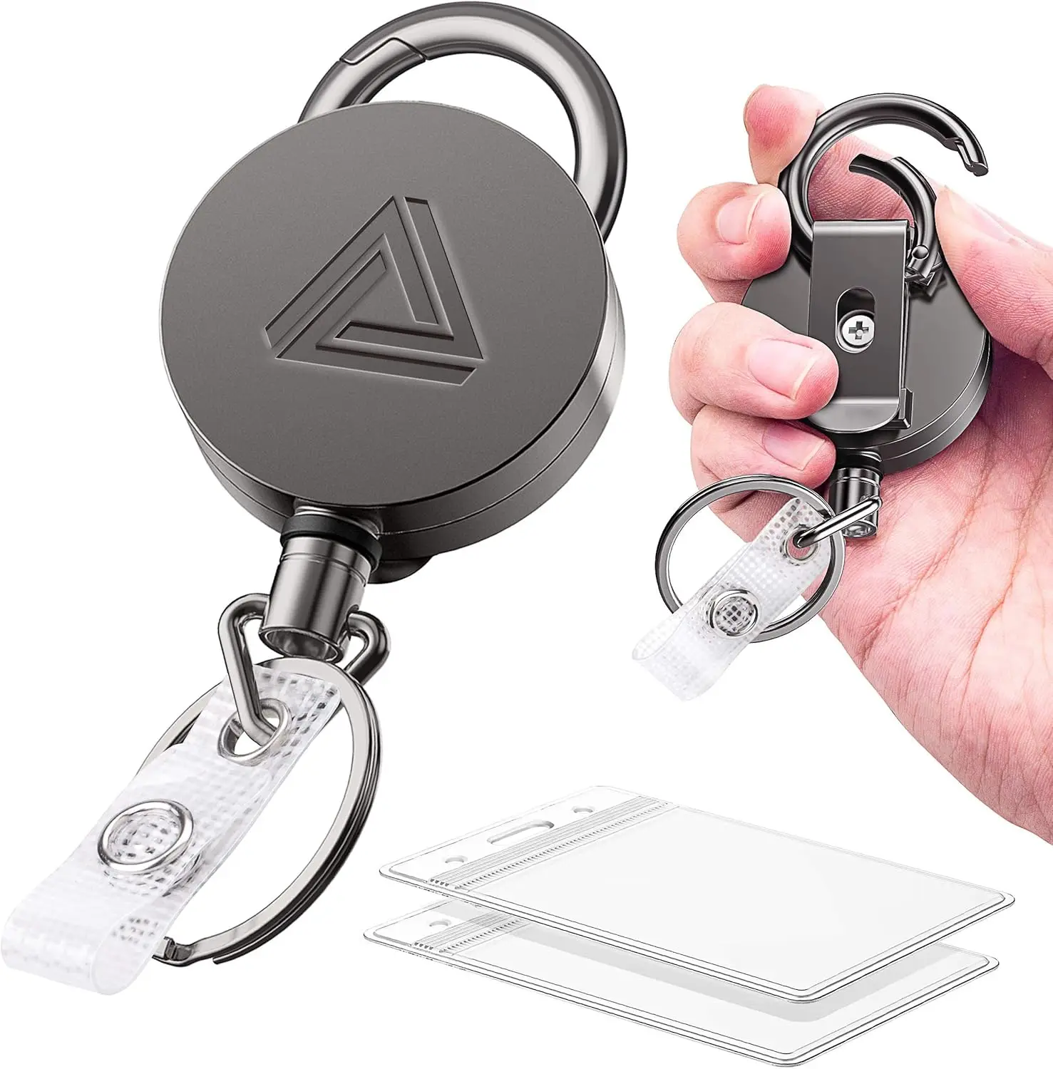 2 Pack Heavy Duty Metal Retractable Badge Reel with Belt Clip, 30in Dyneema Cord, Clear ID Holder and Carabiner Key Ring
2 Pack Heavy Duty Metal Retractable Badge Reel with Belt Clip, 30in Dyneema Cord, Clear ID Holder and Carabiner Key Ring