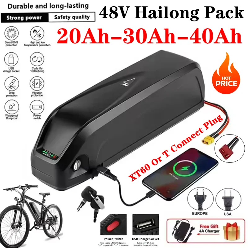 48V Electric Bike Hailong Li Lithium Battery Pack 18650 Cells 36V 20Ah 48V 52V 30Ah 40Ah Bicycle Motor Battery for 250-1000W Kit
48V Electric Bike Hailong Li Lithium Battery Pack 18650 Cells 36V 20Ah 48V 52V 30Ah 40Ah Bicycle Motor Battery for 250-1000W Kit