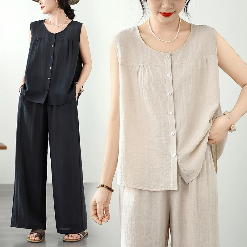 Fashionable Cotton Linen Two-Piece Set with Sleeveless Top And Casual Pants for plus Size Women Summer New Arrival
Fashionable Cotton Linen Two-Piece Set with Sleeveless Top And Casual Pants for plus Size Women Summer New Arrival