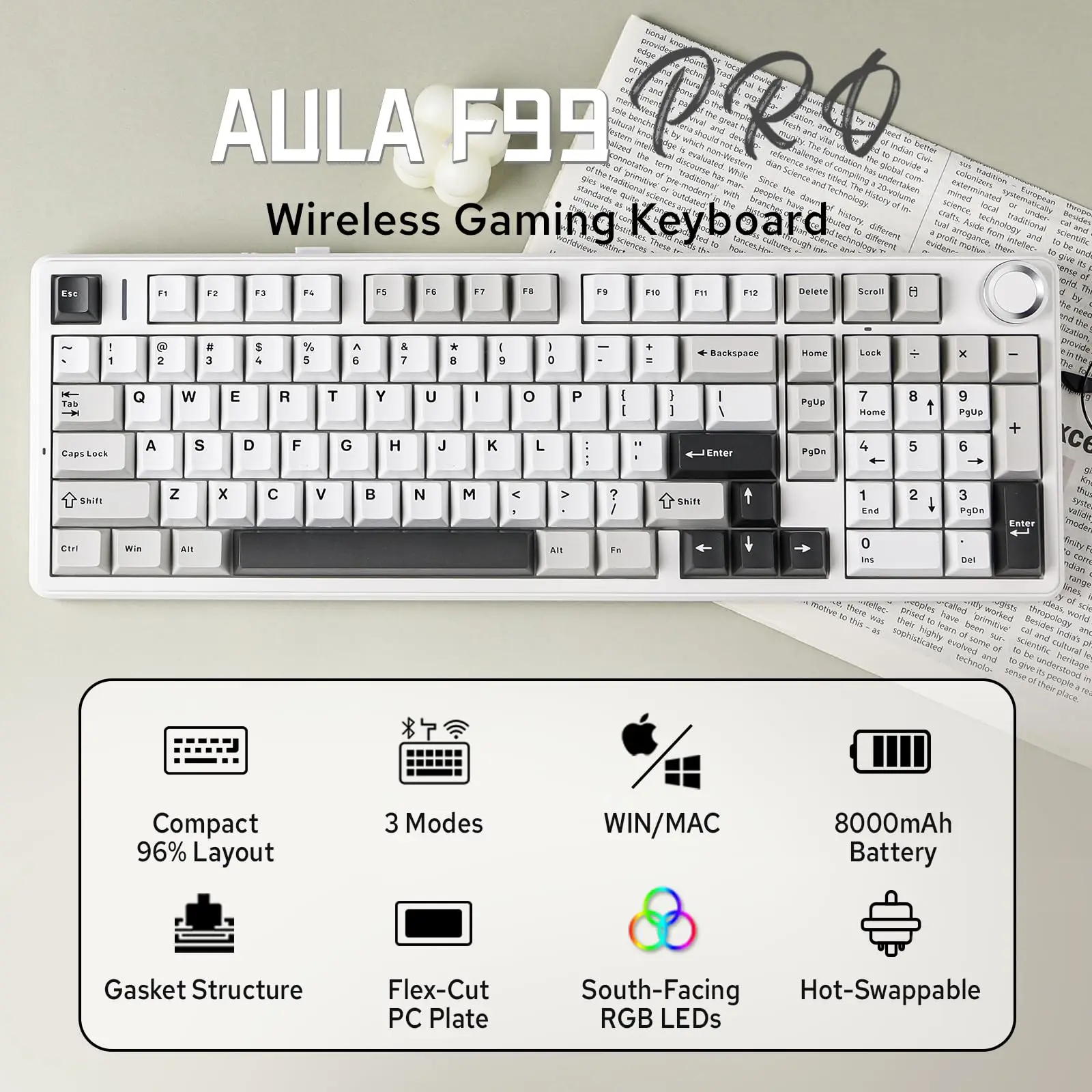 Aula F99 PRO 96% механическая игровая клавиатура BT5.0/USB-C/2.4G Беспроводная прокладка с возможностью горячей замены Пользовательская клавиатура с батареей 8000 мАч
Aula F99 PRO 96% механическая игровая клавиатура BT5.0/USB-C/2.4G Беспроводная прокладка с возможностью горячей замены Пользовательская клавиатура с батареей 8000 мАч
