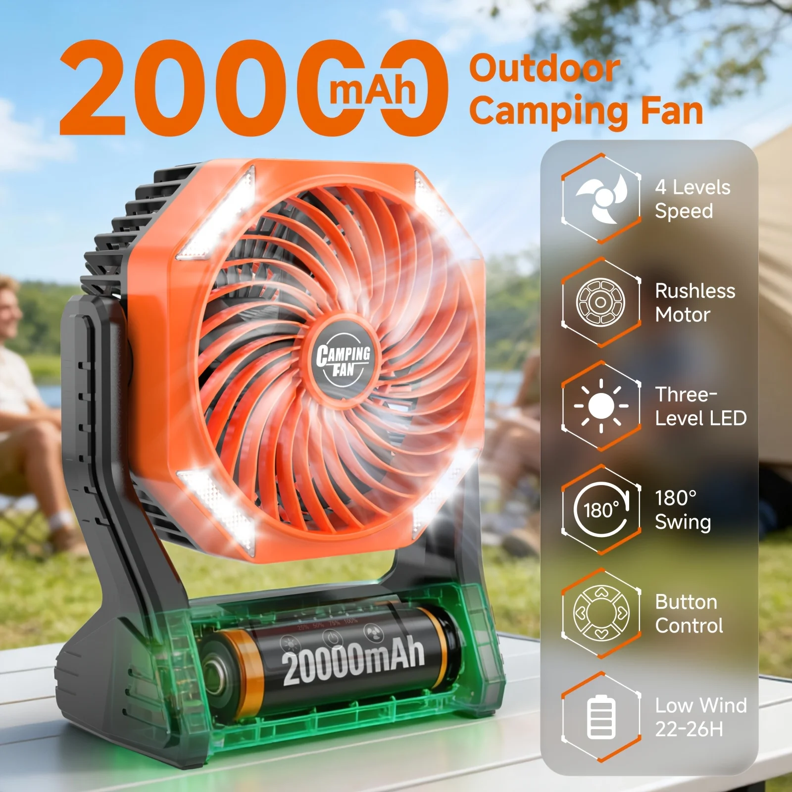 20000mAh Camping Fan with LED Light, 4 Speeds Brushless Motor, 180° Oscillating Portable Outdoor Fan, 22-26H Long Runtime, Table
20000mAh Camping Fan with LED Light, 4 Speeds Brushless Motor, 180° Oscillating Portable Outdoor Fan, 22-26H Long Runtime, Table