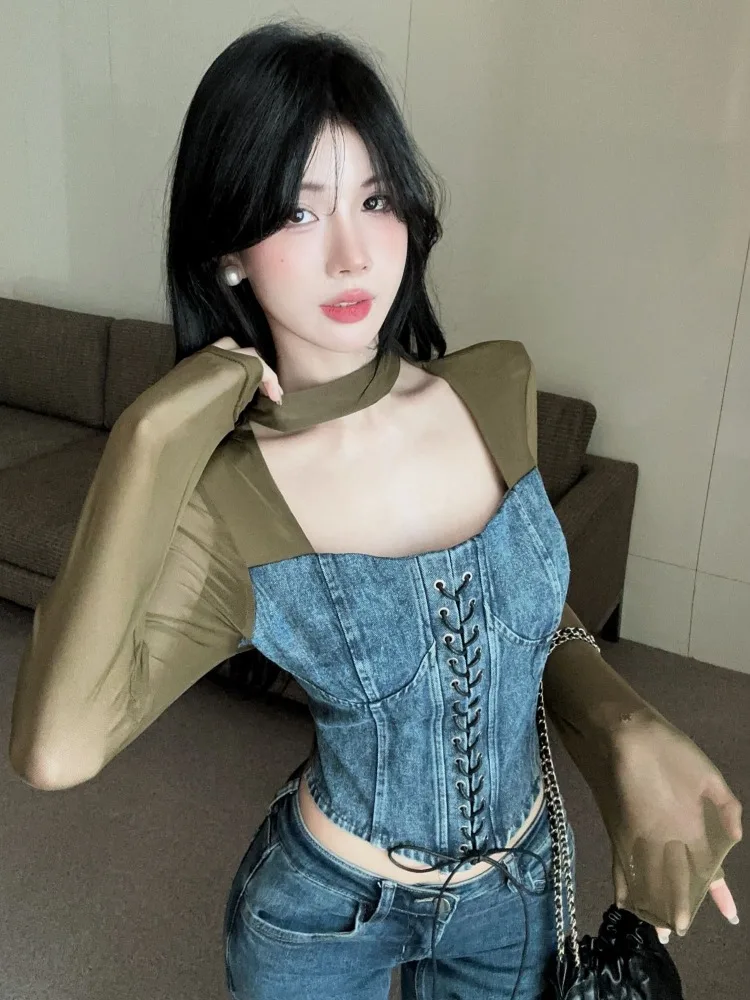 Slimming Sexy Design Tie-Dye Denim Mesh Long Sleeve Crop Top Fashionable Hanging Neck Short Waist-Increasing Women's Shirt
Slimming Sexy Design Tie-Dye Denim Mesh Long Sleeve Crop Top Fashionable Hanging Neck Short Waist-Increasing Women's Shirt