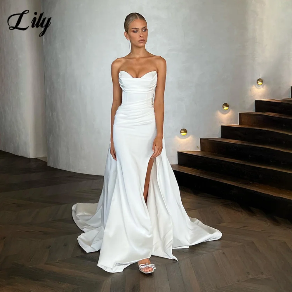 Lily White Sweetheart Prom Gown Sleeveless Backless Prom Dress Satin Side Split Trailing Wedding Party Evening Dress Customized
Lily White Sweetheart Prom Gown Sleeveless Backless Prom Dress Satin Side Split Trailing Wedding Party Evening Dress Customized